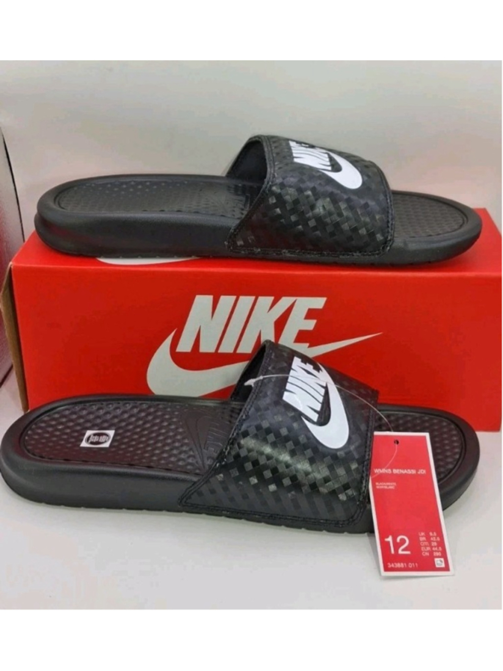 Nike WMNS Benassi JDI 343881 011 Black White Women's Slide Sandal Size 12